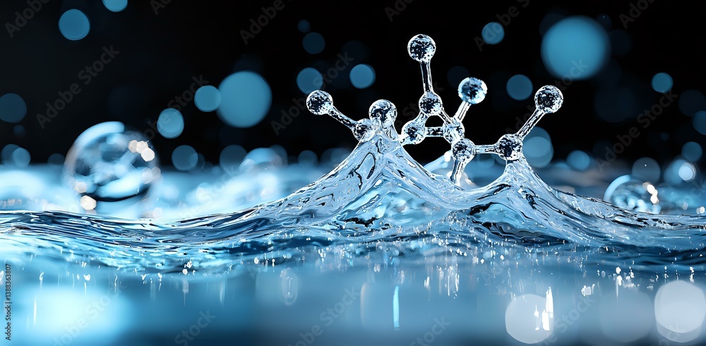 Poster crown-shaped water splash with droplets frozen in time against dark background, creating dynamic liq