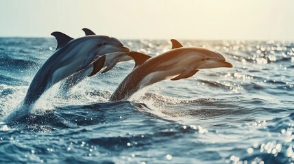 Obraz premium Dolphins Jumping Out of Ocean Water at Sunset in Natural Habitat