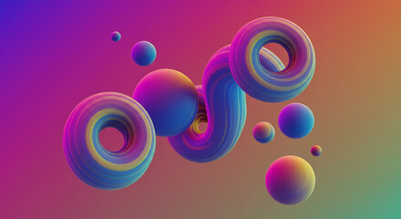 Naklejka premium Abstract 3D Render Colorful Spheres and Swirling Forms on Gradient Background