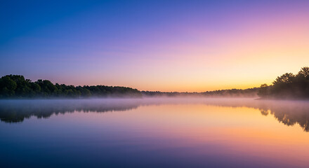 Serene Sunrise over Misty Lake with Colorful Sky and Trees