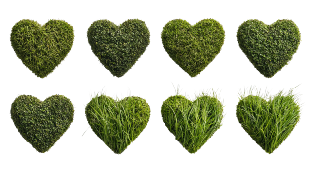 Png of Eight green heart-shaped grass arrangements symbolizing love and nature's beauty on transparent background.