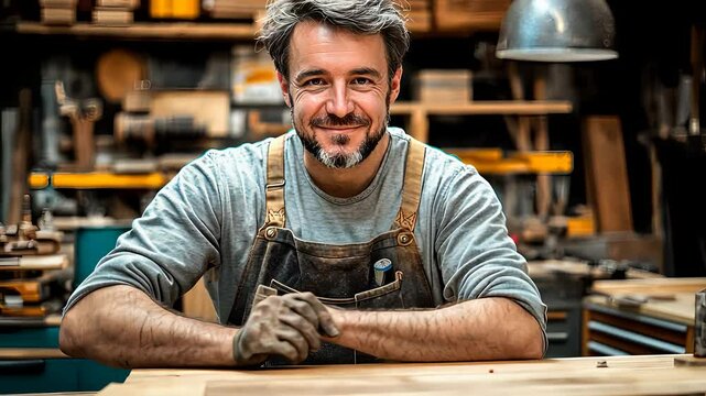 Skilled Carpenter Smiling in Workshop Surrounded by Wooden Furniture and Tools

