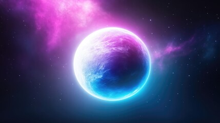 Fototapeta premium A vibrant, glowing planet dominates the image, its surface a blend of blue and purple hues. Pink nebulae softly illuminate the background, scattered with stars. The image boasts high-quality resoluti