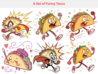 Cute and funny taco character collection – cartoon-style tacos with happy faces and melted cheese. Perfect for coloring books, food logos, and Mexican restaurant branding