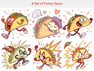 Cute and funny taco character collection – cartoon-style tacos with happy faces and melted cheese. Perfect for coloring books, food logos, and Mexican restaurant branding