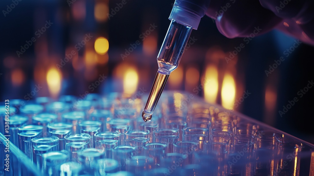 Poster close up of a pipette dripping liquid into a multi well plate in a laboratory setting scene