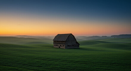Serene Sunrise over Rolling Hills with Rustic Wooden Barn in Green Field