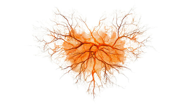 Png of An artistic representation of a heart made of orange roots, symbolizing love and nature's connection on transparent background.
