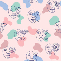 Female portrait Outline woman face, abstract flowers leaves, line continuous drawing vector seamless pattern