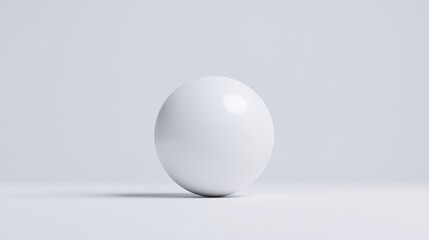 A perfect white sphere rests on a plain white surface. The image is minimalist, featuring only the sphere against a simple background. High resolution and even lighting are present. The style is cle