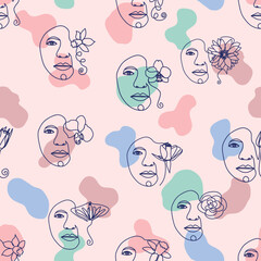Female portrait Outline woman face, abstract flowers leaves, line continuous drawing vector seamless pattern