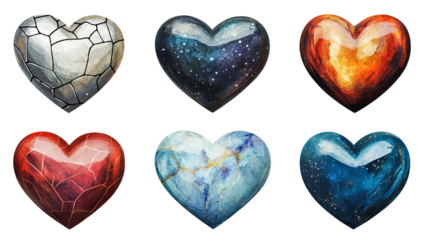 Png of A vibrant collection of artistic heart designs in various textures and colors, symbolizing love and emotion on transparent background.