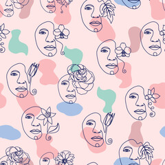 Female portrait Outline woman face, abstract flowers leaves, line continuous drawing vector seamless pattern