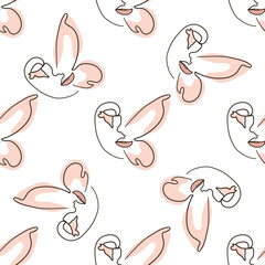 Woman face Continuous line seamless pattern. Abstract Female portrait with Butterfly. Drawing vector Wallpaper, fabric, wrapping paper, card, poster