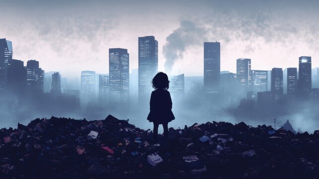A little kid standing in garbage, city skyline with skyscrapers. environment pollution