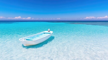 A small white boat floats in calm, turquoise water. The composition is serene, showing a clear sky and tranquil ocean. The image is high-resolution, with vibrant colors and natural lighting. It has