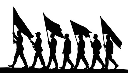 Silhouetted soldiers marching with flags, parade symbolism
