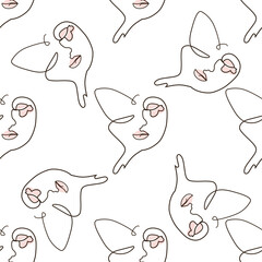 Woman face Continuous line seamless pattern. Abstract Female portrait with Butterfly. Drawing vector Wallpaper, fabric, wrapping paper, card, poster