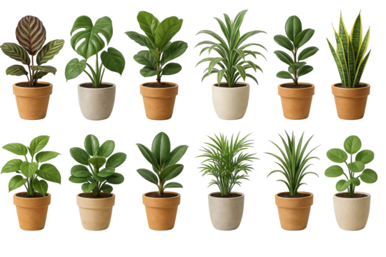 PNG houseplant set of potted indoor plants with green tropical foliage isolated on transparent background. Concept of home decor, botanical design elements, greenery, indoor jungle, clipart