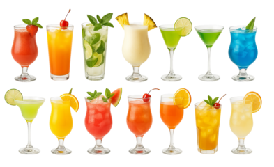 PNG Set of colorful summer cocktails with fruits and ice isolated on transparent background. Concept of tropical drinks, party elements, exotic refreshment, clipart for design