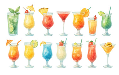 PNG Watercolor tropical cocktails set with citrus, berries, umbrellas and ice isolated on transparent background. Concept of summer drinks, clipart, vacation party element, bar design collection