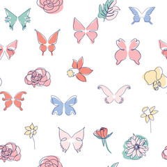 Butterfly and flower modern simplicity vector illustration. One line seamless modern pattern.