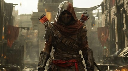 Hooded archer stands in a war torn city with arrows and a red sash ready for battle ahead of him