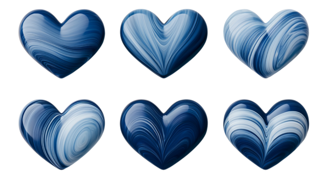 Png of A collection of six artistic blue and white swirled hearts, showcasing various patterns and textures, ideal for romantic themes on transparent background.