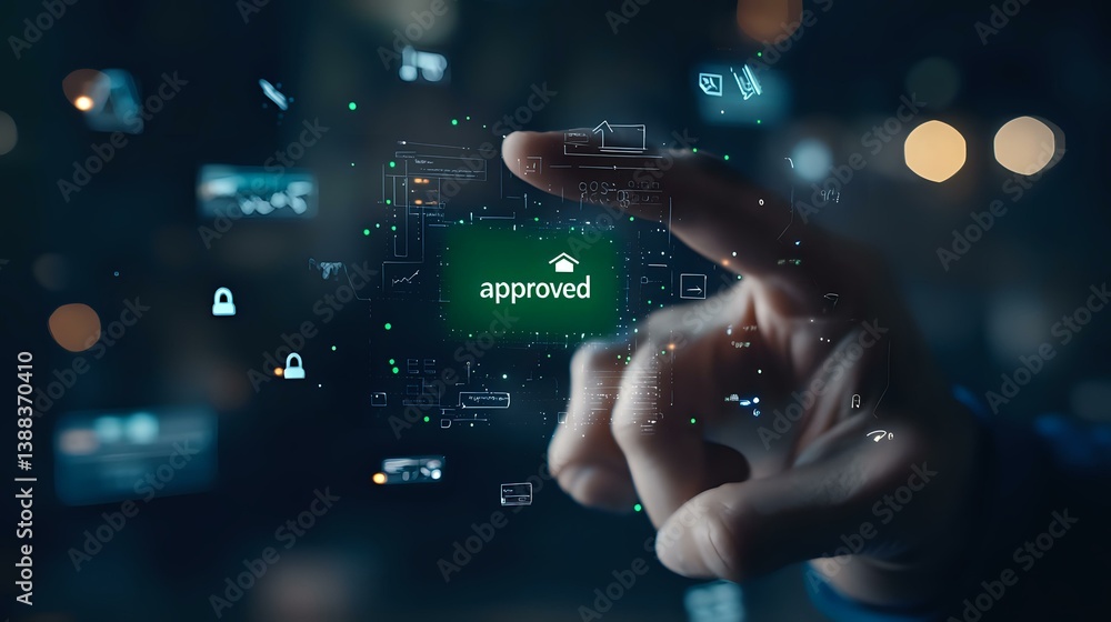 Poster finger touching virtual approved button with futuristic interface elements, digital locks and networ
