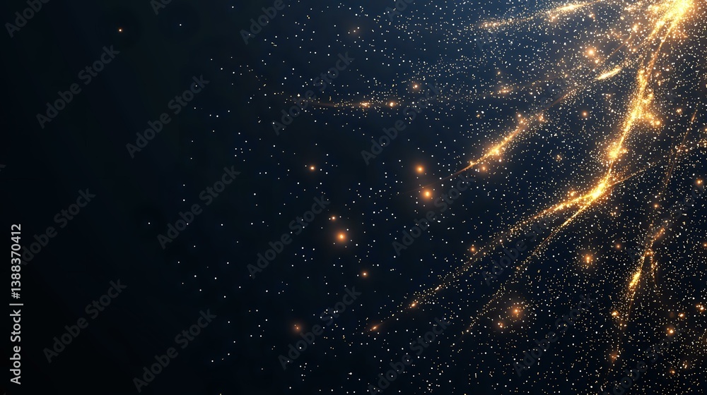 Poster magical golden light particles and sparkles floating in dark space with glowing streaks and stardust