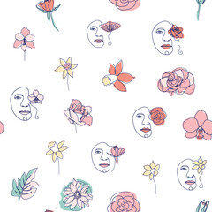 Woman face Continuous line seamless pattern. Abstract Female portrait with flowers. Drawing vector Wallpaper, fabric, wrapping paper, card, poster
