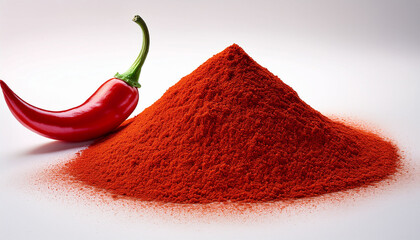 pile of red chili powder next to a chili pepper the pepper appears fresh and spicy contrasting with the powdery texture of the chili powder on a white or clear surface white background