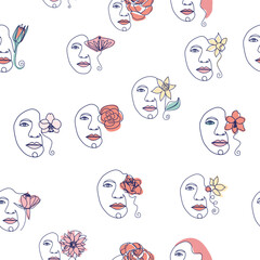 Woman face Continuous line seamless pattern. Abstract Female portrait with flowers. Drawing vector Wallpaper, fabric, wrapping paper, card, poster