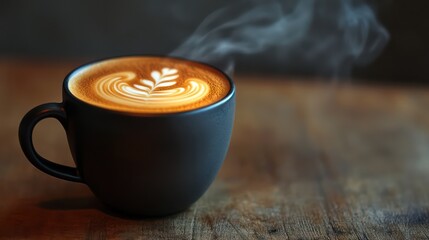 aromatic hot cup of coffee on a rustic wooden table