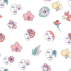 Woman face Continuous line seamless pattern. Abstract Female portrait with flowers. Drawing vector Wallpaper, fabric, wrapping paper, card, poster