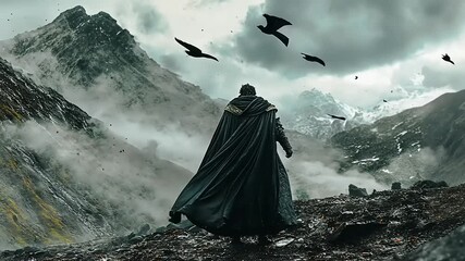 Mysterious figure in a dark cloak stands on a rocky mountain path, surrounded by flying birds and mist - Powered by Adobe