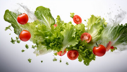 lettuce tomatoes and assorted vegetables gracefully falling through the air on a white or clear surface white background