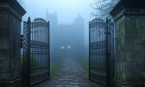Mysterious gate leading to a misty mansion in a dark and eerie forest
