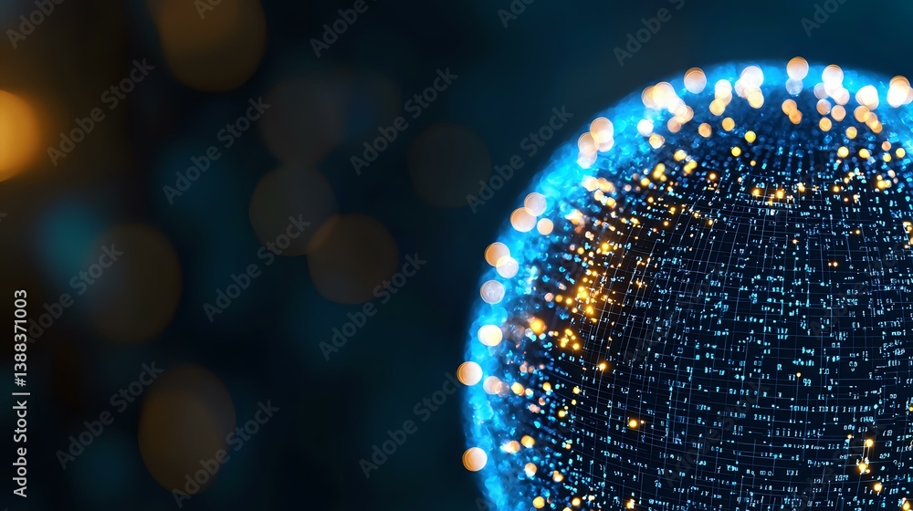 Poster glowing blue sphere with digital network pattern and golden light effects on dark background creates
