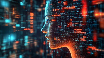 Digital human face profile with binary code overlay and abstract technology background elements