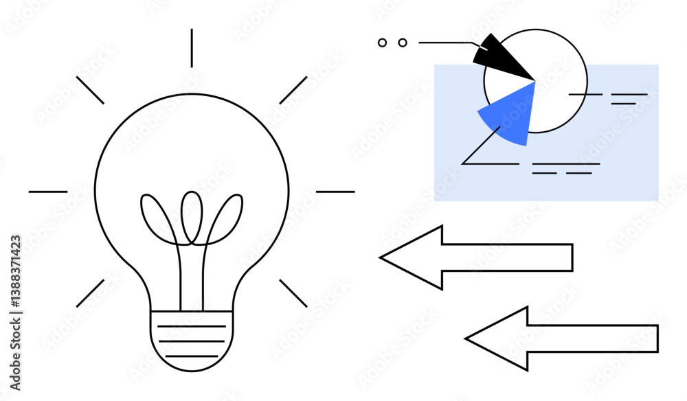 Poster light bulb for creativity, pie chart for data analysis, bold arrows for direction and flow. ideal fo