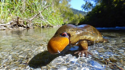 Obraz premium Platypuss amber bill color surfacing in silvery river dawn mist reflections