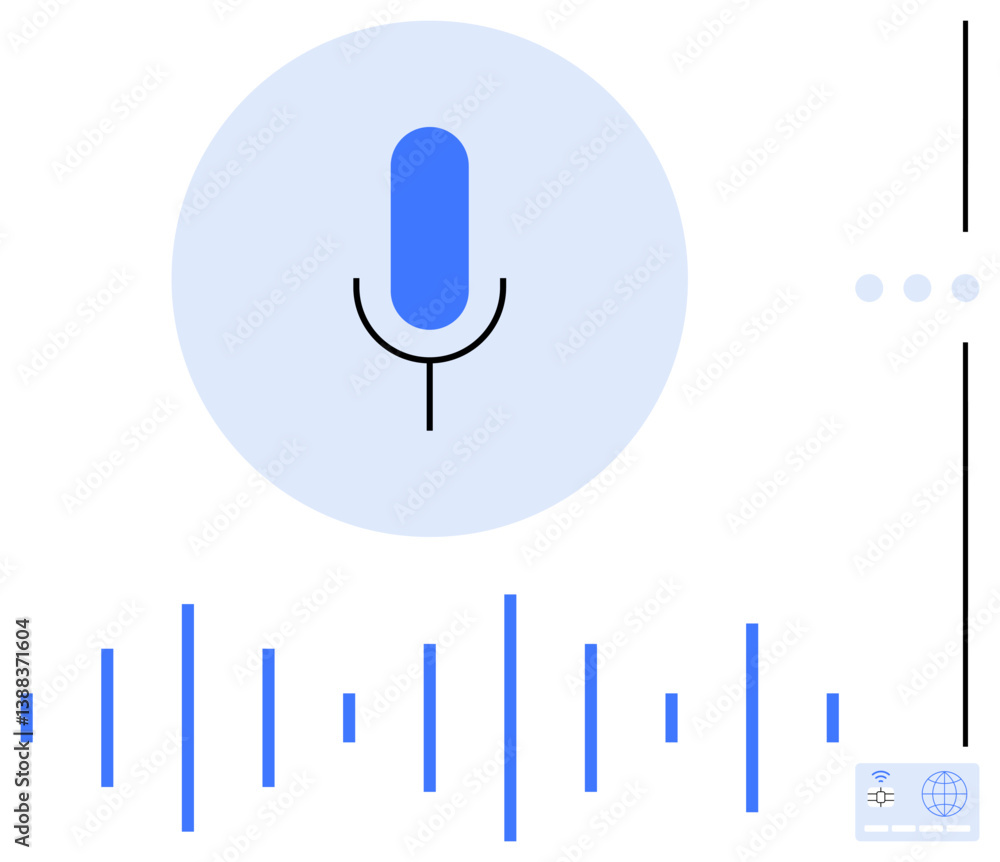 Poster microphone icon inside blue circle with sound wave lines representing voice input. ideal for technol