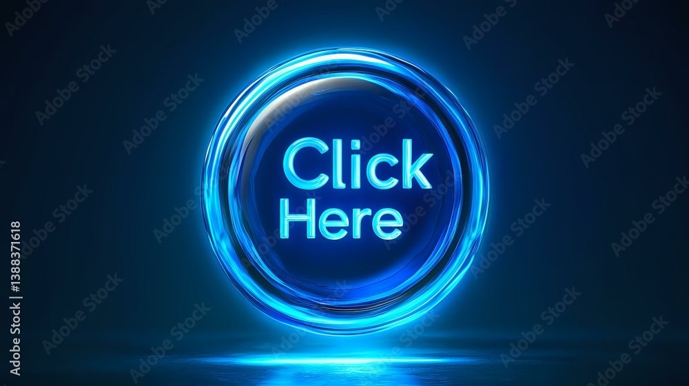 Poster glowing blue neon click here button with circular light rings effect on dark background, modern digi