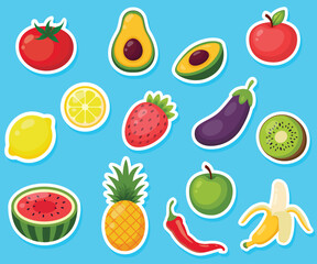 Set of stickers of fruits and vegetables. Hand drawn Vector illustration
