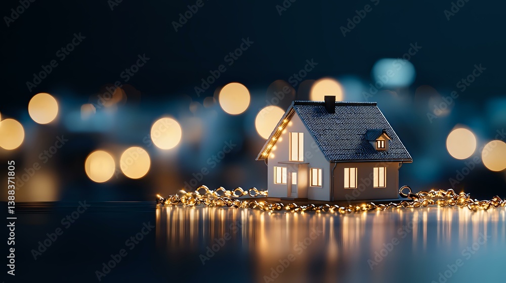Poster miniature house model glowing with warm light against dark background with bokeh lights and fairy st