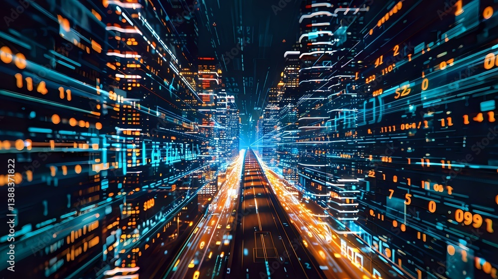Poster abstract digital cityscape with glowing blue and orange light trails creating futuristic perspective