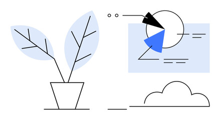 Potted plant alongside a chart with pie segments, arrows, and a cloud shape. Ideal for growth, data analysis, sustainability, progress, nature minimalism and productivity themes. Flat simple