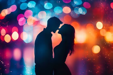 Romantic silhouette of young couple about to kiss against vibrant bokeh lights background in pink, blue and orange colors creating dreamy atmosphere.