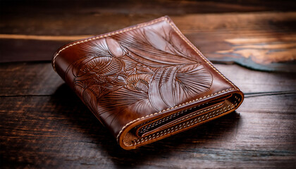a high quality handcrafted leather wallet showcases intricate stitching and a rich brown hue